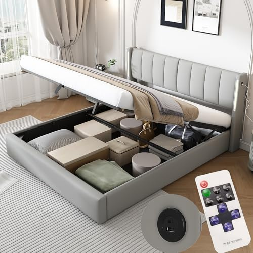 Autheria Letto Matrimoniale con Contenitore 140x190 cm con LED e USB,Letto con testiera Regolabile e vano portaoggetti, Letto con Rete a doghe, Struttura Letto Matrimoniale in PU e Silice Grigio