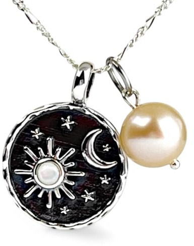 MadamLili | 925 Sterling Silber Mond Kette mit Perlmutt Sonne & Süßwasserperle | Mystischer Schmuck | Geschenk für Frauen | Glücksbringer | Perlenkette Damen | Hippie Schmuck