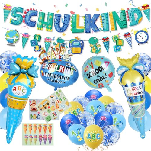 CUTLOT SCHULKIND 2025 Deko Einschulung Junge, SCHULKIND Banner, Dinosaurier Banner, 22 Latexballons, 4 Folienballon, 3 Aufkleber Schulanfang Schuleinführung Deko