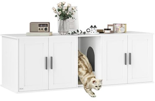 PawHut Katzenklo-Schrank Katzenhaus mit Tür Trennwand Katzentoilette Katzenschrank für große Katzen Beistelltisch Katzenhöhle 145 x 49 x 51 cm Weiß