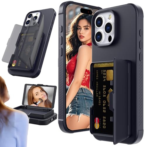 Fofvccv for iPhone 16 Pro Case with Mirror & Flip Card Holder GWL Black