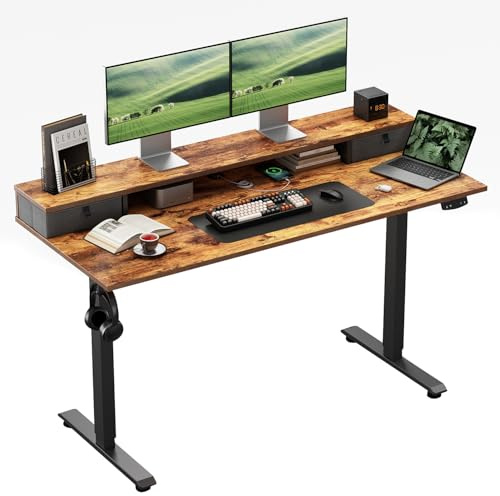 Klicelor Electric Height Adjustable Desk, with 2 Fabric Drawers, 140x60cm | 72-116cm Height, Stable Sit-Stand Standing Desk w. 2 Memory Buttons, Computer Desk for Home Office, 2 pcs Desktops, Brown