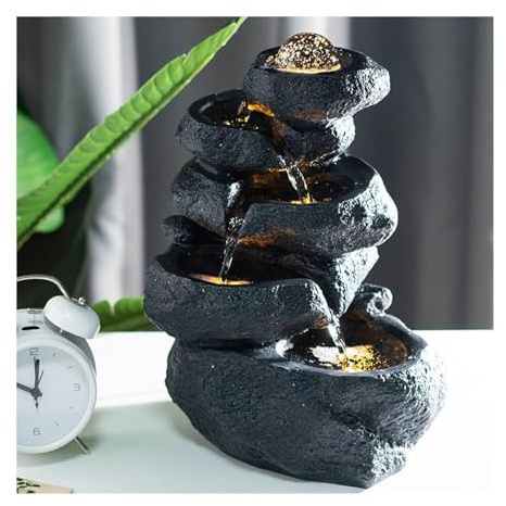 Fontana d'acqua per interni con luci a LED, design decorativo a più livelli di roccia, dimensioni ridotte, suono tranquillo e rilassante, effetto cascata rilassante