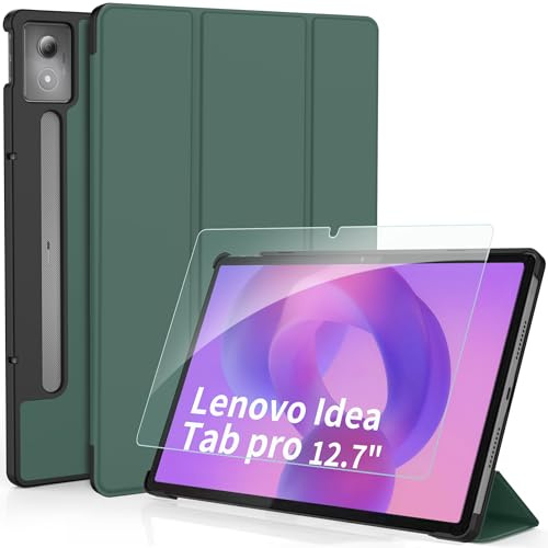 CACOE Funda para Lenovo Idea Tab Pro 12,7 Pulgadas 2025, Cuero Ultrafino con Vidrio Templado Ultrafino, Capa para Lenovo Idea Tab Pro con Función Soporte y Suspensión/Activación, Verde Oscuro