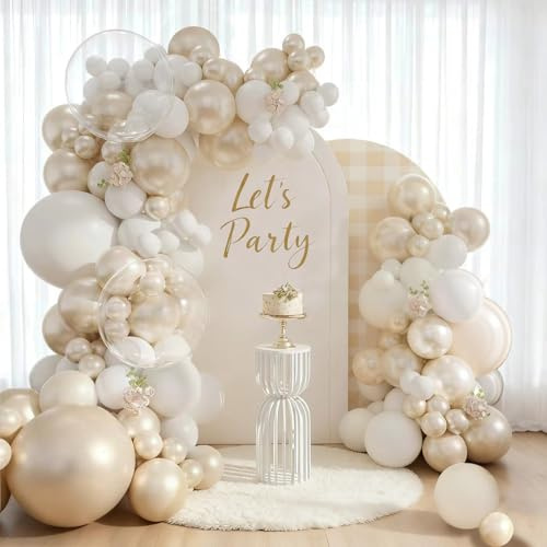 Pärlevita ballonger bågsats, 162 st beige pärlvita ballonggirlanger med genomskinliga ballonger, gräddvita ballonger för födelsedag, dop, bröllop, babyshower, förlovning
