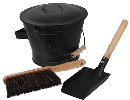 Mikinona Metal Ash Bucket Fireplace Accessories Set with Heat Resistant Broom Shovel for Wood Burning Stove and Charcoal Fire Pit Indoor Outdoor Cleaning