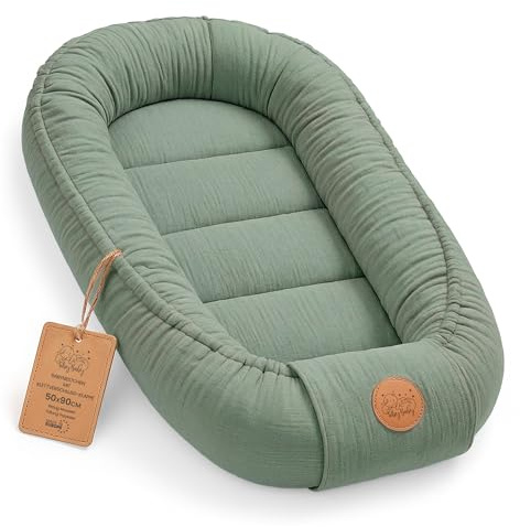 Babynestchen aus Musselin - weiches Nest für Neugeborene atmungsaktiv tragbar 50x90 cm - gemütlicher Kokon für Babybett Kinderbett Stubenwagen Reise und unterwegs Salbeifarbe