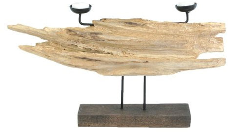 Teakholz mit 2 Teelicht-Haltern auf einem Ständer