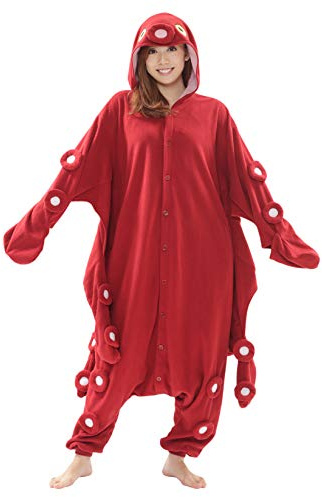 SAZAC Red Octopus Onesie Kigurumi Einteiler Onesie Kostüm Jumpsuit Kigurumi | für Kinder und Erwachsene | One Size Fits All (155 – 180+ cm)