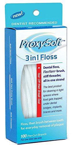 Proxysoft 3 in 1 Floss - 100 vorgeschnittene Stränge (Zahnseide, Flex-Garnpinsel, steifer Einfädler in einem Strang) 6er-Pack