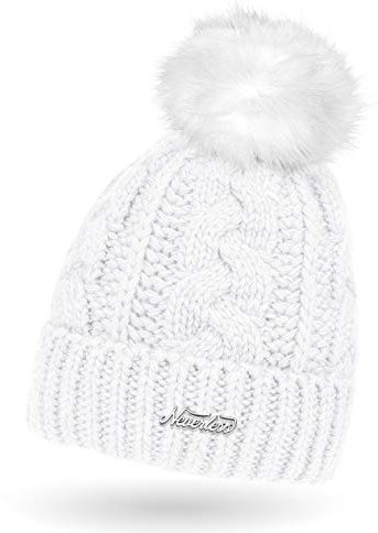 Neverless Damen Strick-Mütze gefüttert mit Fell-Bommel, Kunstfell, Winter-Mütze, Bommelmütze, weiß Unisize