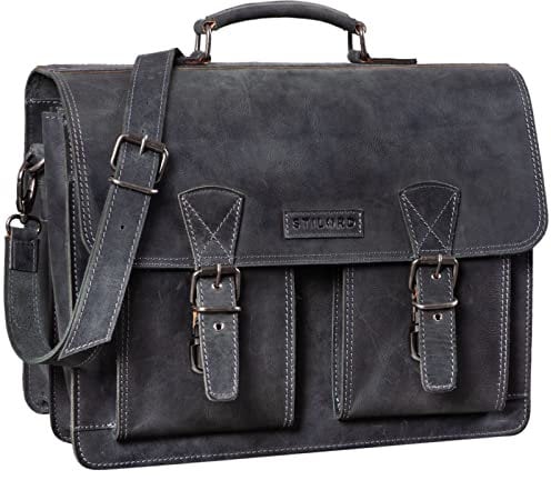 STILORD 'Jeffrey' Cartable en Cuir Véritable - Grande Sacoche Enseignant Porte Document Hommes & Femmes - Sac d'Ordinateur 15,6 Pouces - Sac Bandoulière avec Fixation Trolley, Couleur:Antracite