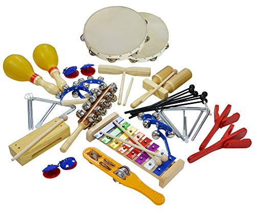 A-Star 24 Piece Rhythm Percussion Kit with Storage Box, Classroom Wooden Metal Plastic Musical Instruments Set