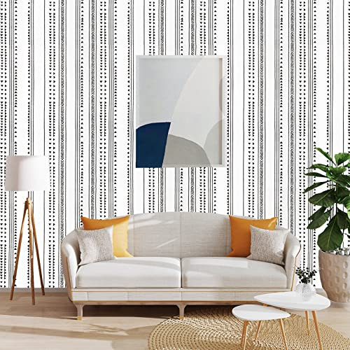 Papier peint noir et blanc à décoller et à coller - Papier peint à motif géométrique - 45 x 300 cm - Revêtement mural décoratif en vinyle pour la décoration et la rénovation de vieux meubles