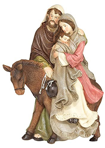 Dekofigur Heilige Familie auf Esel, Kunstharz, 21 x 14 cm, Braun