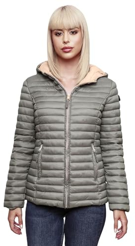 MARIKOO Damen Steppjacke Übergangsjacke gesteppte Jacke mit Kapuze Frühjahr Stepp B857 [B857-Asr-Grau-Gr.XL]
