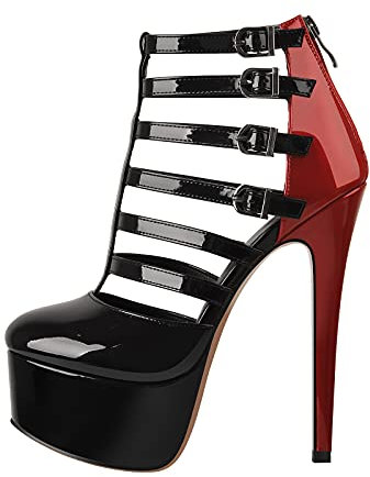 Only maker Women's Plattform Pumps Stilettos T Straps Buckles Skyhigh Heels Cut Out Boots Pole Dance Shoes Red Black EU 42