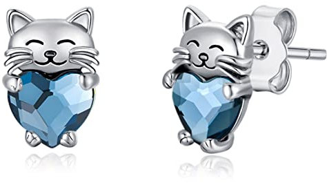 Katzen Ohrringe Mädchen 925 Silber Ohrstecker Katze Hypoallergen Blau Kristall Stecker Katzen Schmuck Tier Geschenke für Kinder Damen…