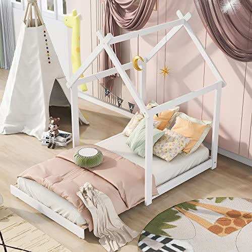 ZYLOYAL10 Hausbett 90x200 Holz Kinderbett für Jungen & Mädchen Massivholz Kinder Bett umbaubar Bodenbett mit Lattenrost (Weiß, 90x200 cm)
