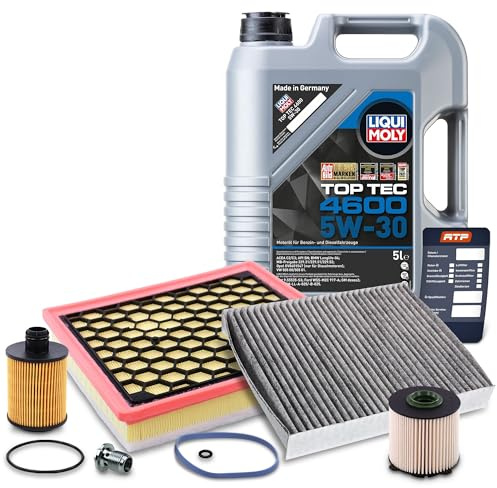BESTPRICE Inspektionspaket Filterset mit 1x Ölfilter, 1x Kraftstofffilter, 1x Luftfilter, 1x Innenraumfilter, 1x Motoröl 5W-30 Top Tec 4600 5 l, Kompatibel mit OPEL INSIGNIA A (G09), SAAB 9-5 (YS3G)