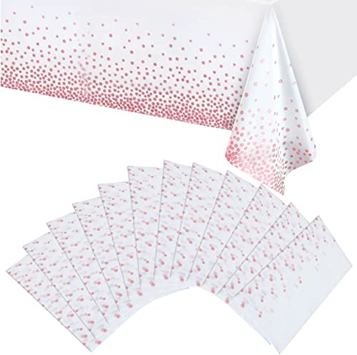 YAYODS 12Pack Plastic Disposable Tablecloths, 54 x 108 White and Rose Gold Dot Confetti Rectangular Table cloths for Parties, Wedding, Birthday, Christmas, Table Cover for Indoor or Outdoor