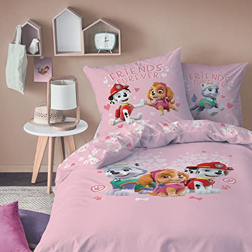 PAT PATROUILLE HEART Parure de Lit Enfant 140x200 cm | 100% Coton | OEKO-TEX | Housse de Couette Enfant 1 Personne 140x200 cm + 1 Taie d'Oreiller 63x63 cm Imprimés Réversibles | Rose