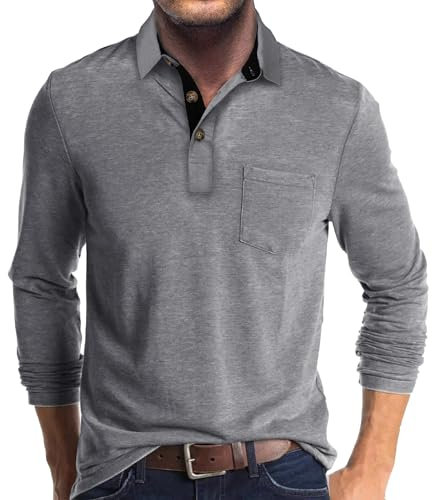 Mens Polo Shirts Long Sleeve Tops Casual Shirt Golf Top Cotton Tee Basic T-Shirt Knitted Buttons Grey L