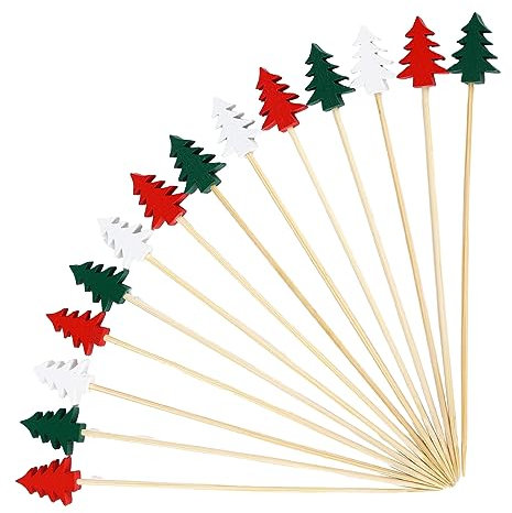 TSLBW 100 Piezas Navidad Pinchos de Cocktail, Palillos de Bambú para Cóctel, Pinchos de Madera para Cóctel con Adorno de Árbol de Navidad para Decoración de Bebidas Frutas Postres y Aperitivos