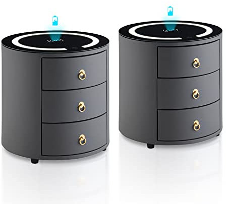 TUKAILAI Nachttisch 2er Set mit Wireless Charging & LED-Beleuchtung, 2X Nachtschrank mit je 3 Schubladen, Modernes Nachtkästchen Rund, Grau, 46x46x46cm