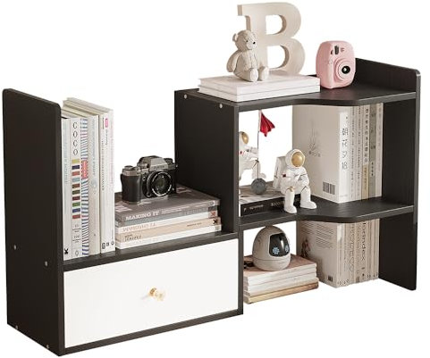 NUODWELL Erweiterbares Schreibtisch-Bücherregal, freistehend, verstellbar, Büro-Aufbewahrungsregal, Schreibtisch-Organizer, Arbeitsplatte, Bücherregal für Büro und Zuhause (schwarz)