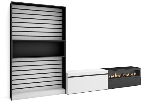 Skraut Home | Ensemble Meuble TV | Meuble Salon Complet | 310x186x35cm | pour Les TV jusqu'à 80 | Cheminée électrique | Style Moderne | Blanc et Noir