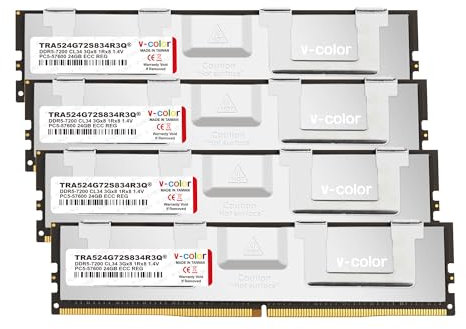 V-Color DDR5 96GB (24GBx4) 7200MHz CL34 3Gx8 1Rx8 OC R-DIMM (Overclocking ECC Registered DIMM) 1.4V Memory Ram for TRX50 Workstation (AMD Expo) (TRA524G72S834R3Q)