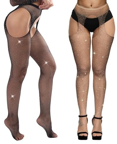 EUPSIIU 2 Pares Medias con Purpurina para Mujer Sexy Medias de Red de Cintura Alta Fishnet Medias de Rejilla Cristalino Brillante Rhinestone Pantimedias de Red Apretadas para Fiestas