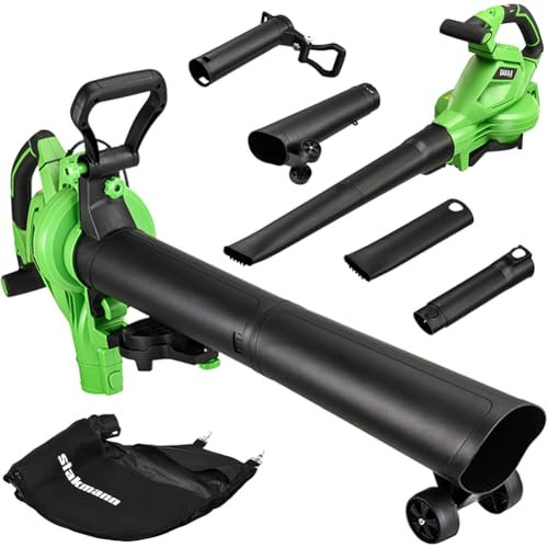 BAKAJI Soffiatore per Foglie Elettrico da Giardino 3 in 1 con Sacco Serbatoio di Raccolta, Aspiratore, Trituratore, Aspirafoglie Multifunzione con Potenza 3000W e Filo, Sistema Autobloccaggio