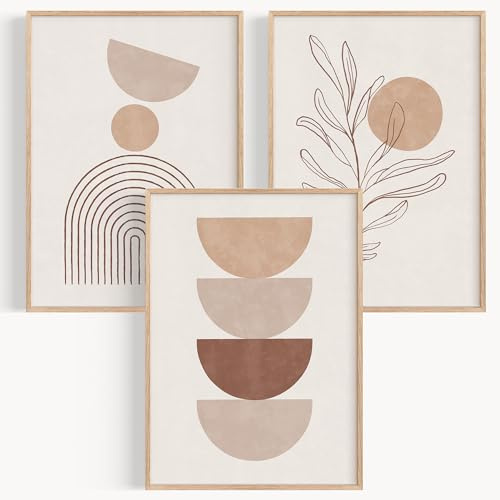 OHBIMBA® Sets Von 3 Poster & Kunstdrucke Mit Rahmen - Zimmer Deko Und Wanddeko Wohnzimmer - Deko Wohnzimmer und Bilder Schlafzimmer - Abstrakt Boho Deko - 50x70 cm - Mit Rahmen Holz