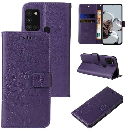 LBH Handy Hülle für Samsung Galaxy A21s Case Handytasche Schmetterling Blumen Flower Standfunktion Schutzhülle Magnet Rundum Schutz 360 Grad Flipcase Cover Violett