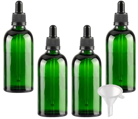 LusDoly 4 Pcs 100ml Green Glass Dropper Bottles with Tamper-Evident Screw Cap Bottle Vials for Essential Oil Aromatherapy Fragrance Blends