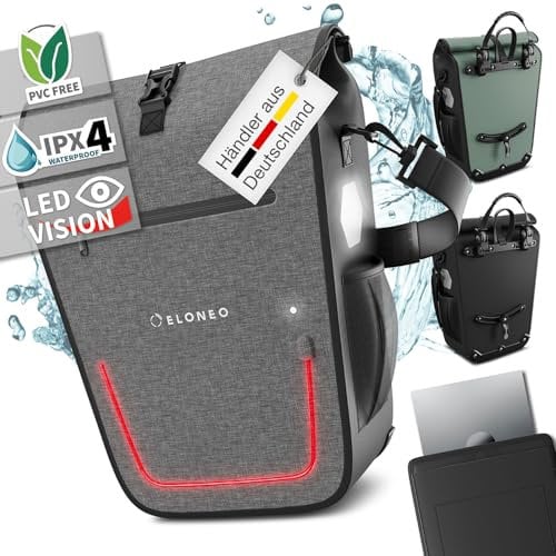 ELONEO Fahrradtasche für Gepäckträger mit LED Licht und Laptopfach, 25L - 100% wasserdicht mit Tragegriff und Schultergurt, Fahrradtasche Gepäckträger, Fahrrad Gepäckträgertasche, grau