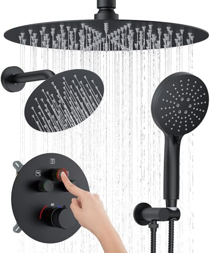 KOJOX Mattschwarzes Thermostat-Duschsystem, Druckknopf-Umsteller, Duscharmatur-Set mit 30,5 cm Deckenhalterung, Regendusche, 20,3 cm Wandhalterung, und 3-in-1-Handbrause
