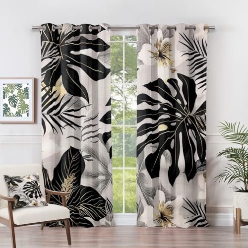 Rideau Occultant Tropical - Rideau Thermique Motif Feuilles de Palmier Monstera Hibiscus, Rideaux Chambre Fenetre, Lot de 2 Rideaux et Draperies Intérieurs à Oeillets, 75x166 cm (LxH) M#-134