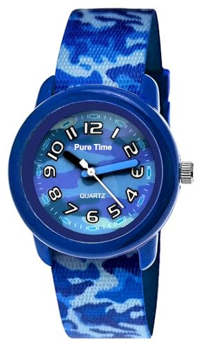 Pure Time® Kinder Uhr Jungenuhr Mädchenuhr Camouflage Tarn Armbanduhr Textil Armband Analoge Junge Kinderuhr Textilarmband Schwarz Blau Grau Lern-Uhr