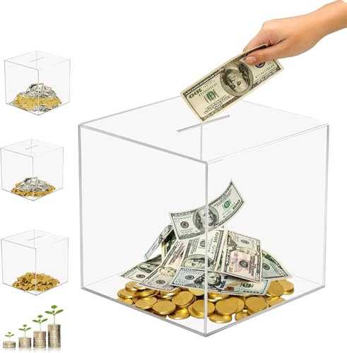 BlueEour 12 × 12cm Clear Acrylic Money Box,Glass Unbreakable Bank Transparent, Saving Piggy Box Acrylic Money Saving Box For Adults Or Kids(12 × 12cm)