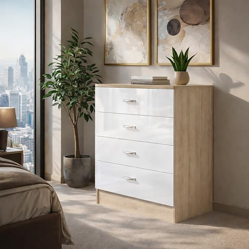 Harmin High Gloss 4 Drawer Chest - Height 68.5 cm x Width 60 cm x Depth 40 cm (White Gloss On Sonoma Oak Frame)