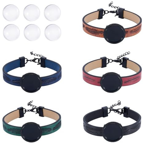 Craftdady 5 Stück PU-Lederschnur, verstellbare Armbandrohlinge, Lünette, Tablett, 18 mm, Glas-Cabochons, DIY, für Damen und Herren, Armband-Schmuck-Sets für Ostern, Schwarz