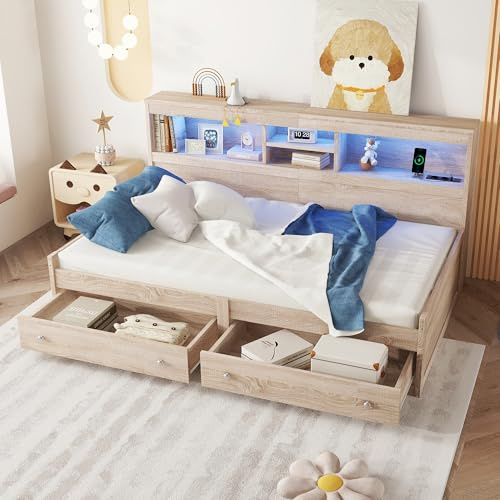 YuQozii Daybett, 90 * 200cm Tagesbett, Schlafsofa, Nachtkästchen,Bett mit 2 USB- und 2 Ladebuchsen, Ambiente-Beleuchtung, Bett mit Zwei Schubladen, mit Lattenrost (ohne Matratze), Spanplatte (Natur)