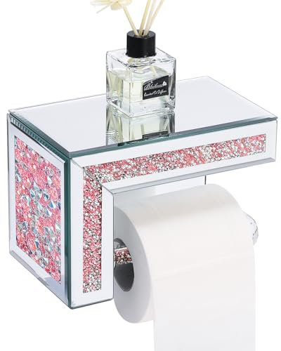 Pink Toilet Paper Holder, Bathroom Wall Mounted Paper Roll Holder, Diamond Mirrored Bathroom Accessories, Bathroom Pink Decor