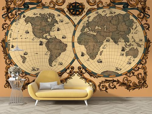 World Map Wallpaper Mural, Vintage Nautical Wall Murals, Self-Adhesive Photo Wallpaper Home Decoration, Small Wall Sticker for Living Room Bedroom 130 * 80cm (W*H) B1