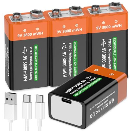MIGAFEI USB rechargeable 9V battery 3800 mWh with 2-in-1 charging cable, battery smoke alarm, fire alarm, siren, musical instrument, toy and more (4 Pack)