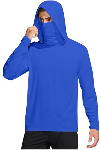 Sun Hoodie - Camiseta de manga larga para hombre, protección UV, con máscara y orificio para el pulgar, protección solar UPF 50+, camiseta de manga larga, de secado rápido, transpirable, azul, M