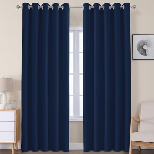 VEHEDE Blackout Thermal Curtains, 90 Inch Drop Light Blocking 66 Inch Width Window Drape for Bedroom Eyelet Top Energy Saving Curtain for Home Decoration, Navy Blue 2 Panels